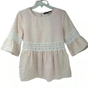 Lipslide Women's S Pink Striped Peasant Lace Top 3/4 Sleeve Lace Detail